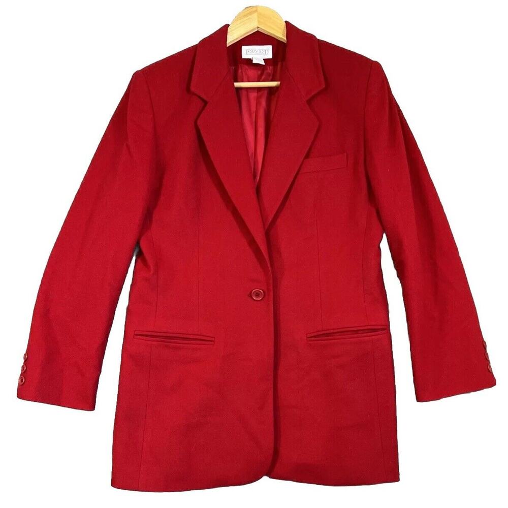 Vtg Lands' End Wool Cashmere Blazer 10 Red Single Button Pockets Long Y2K USA